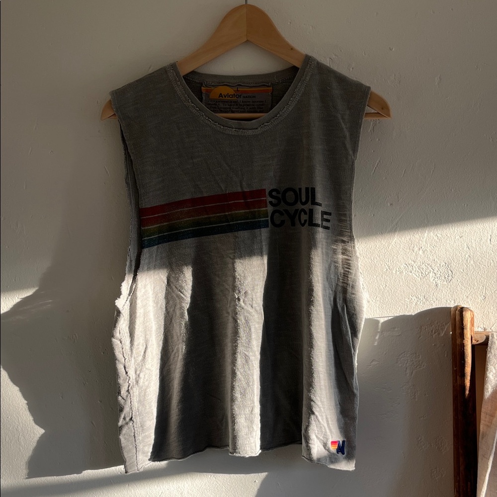 SoulCycle Gray Muscle Tee with Rainbow Stripe